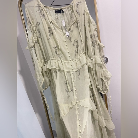 ASOS DESIGN RUFFLE MIDI DRESS WITH FLORAL EMBELLISHMENT DETAILS GREEN Size US 2 - Picture 3 of 11